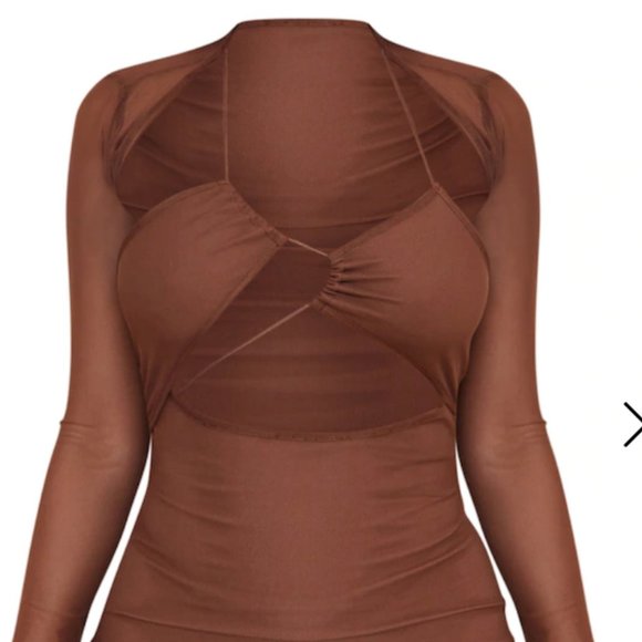 PrettyLittleThing Brown Mesh Lace Up Detail Overlay Bodycon Dress - Picture 3 of 3